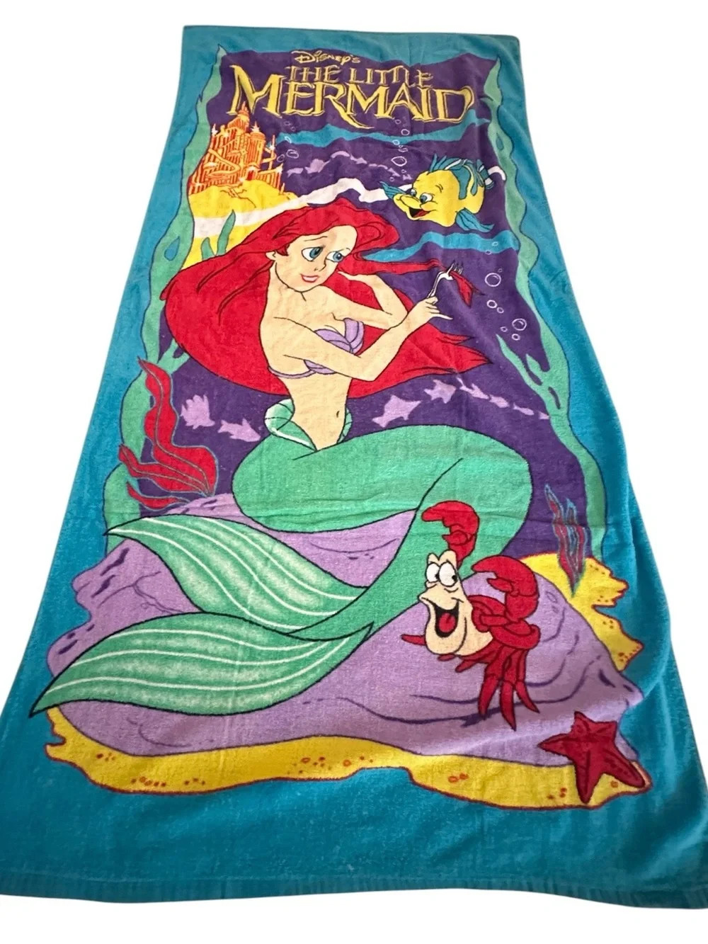 Vtg The Little Mermaid Ariel Beach Towel Vintage 90s Franco Disney 30x58 READ